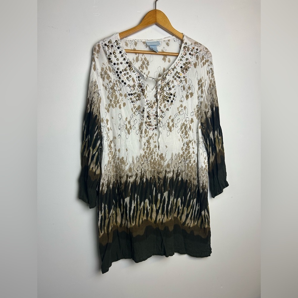 Liz & Me Beaded Tie Dye Novelty Print Plus Size 2x 3/4 Sleeve Comfortable Top